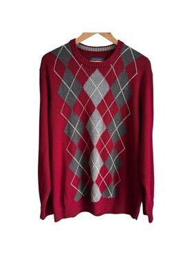 Saddlebred Argyle Sweater Mens XL Red Grey Crewneck Pullover Preppy Golf EUC